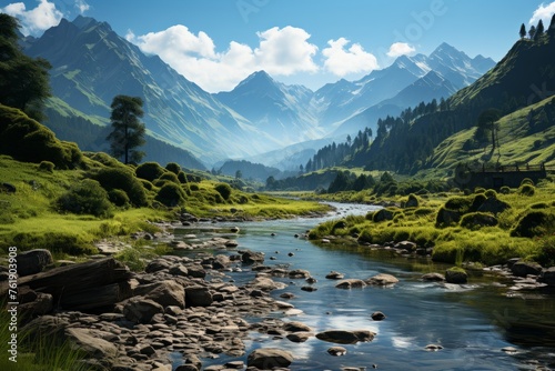 Flowing river in mountain valley, surrounded by natures beauty