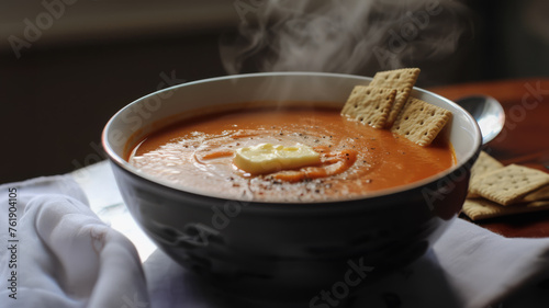 A bowl of thick, steaming homemade tomato soup with a pat of butter and crackers. © Daniel L