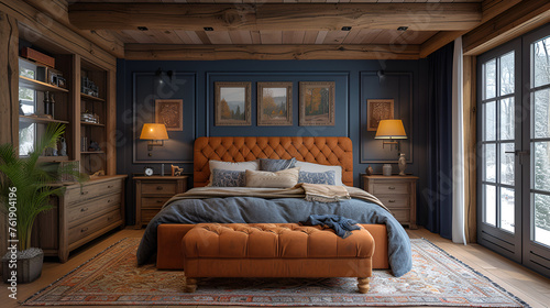 Bedroom - Mountain house - blue with light brown trim - meticulous symmetry - casual flair - windows - vacation home - holiday - getaway - escape 