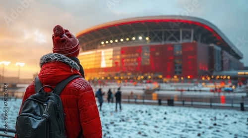A woman wearing a red coat and a red hat stands in front of a large stadium