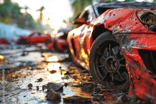 Burned car after car accident on road, closeup. Auto insurance concept photo