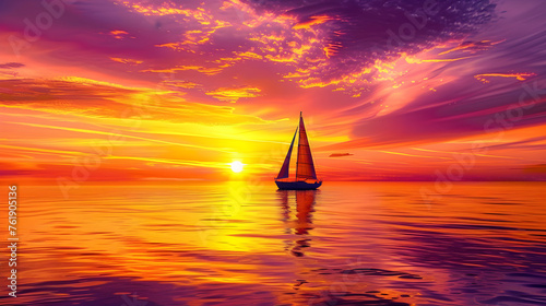 Sunset Serenity: A Peaceful Sailboat Journey across a Tranquil Ocean under a Resplendent Sky 