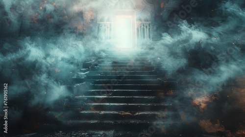 A heaven stairway is shown, the gate surrounded by fire and smoke, leading to a door of light at the top.