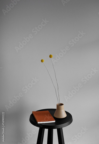 Still life of vintage book and ceramic vase with Craspedia Billy ball yellow dried flowers on a small black table