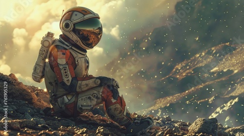 Solitary Astronaut Seated on Rocky Terrain of an Alien Planet, Contemplating the Cosmos 