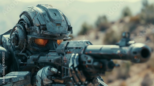 Military Combat Robot with Heavy Weaponry Surveying a Barren Landscape