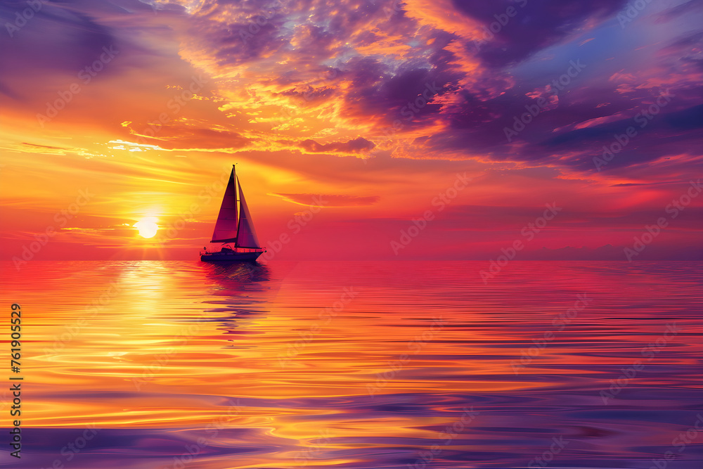 Sunset Serenity: A Peaceful Sailboat Journey across a Tranquil Ocean under a Resplendent Sky 