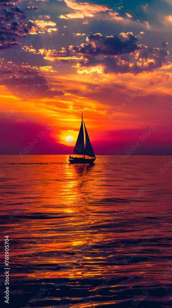 Sunset Serenity: A Peaceful Sailboat Journey across a Tranquil Ocean under a Resplendent Sky 