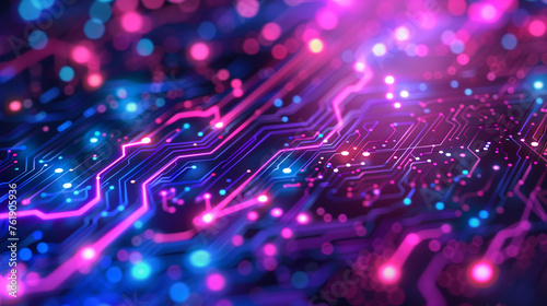 Abstract expression of digital connectivity, featuring circuit-like patterns and vibrant neon lights to symbolize the digital age, purple and blue is main color, close up