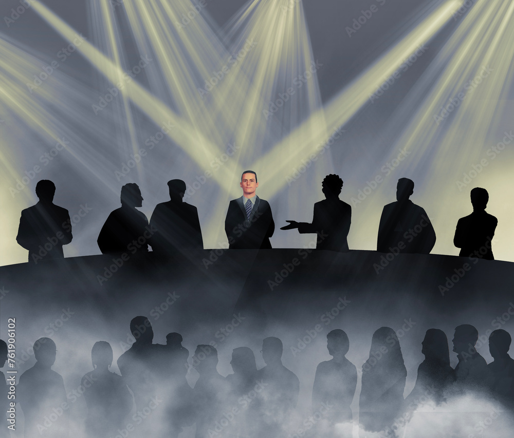 The chairman of the board is bathed in light and surrouned by his minions in a 3-d illustation about business leaders and politics. - obrazy, fototapety, plakaty 