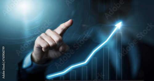 Businessman Interacting with Glowing Growth Arrow on Virtual Screen. Development and growth concept.