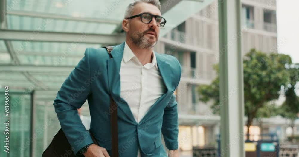 Senior man, watch and running with bag for deadline, late or career opportunity at airport in city. Businessman or employee checking wristwatch for time, appointment or rushing to work in urban town