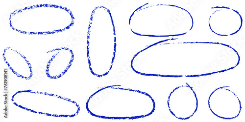 Hand drawn blue crayons, oval, circle. Highlight frames, round doodle crayons. Vector illustration