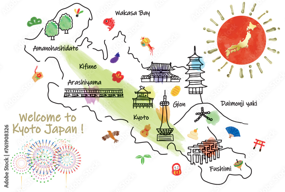 Obraz premium 京都の観光地のかわいいイラストマップ線画
