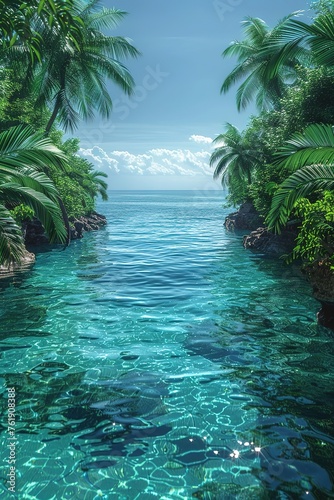 Tropical beach entrance or corridor. Vertical sea background with light blue sky and plants or palm trees on the sides. 