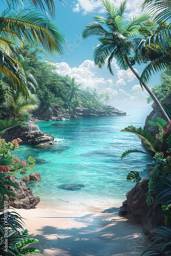 Tropical beach entrance or corridor. Vertical sea background with light blue sky and plants or palm trees on the sides. Peninsula