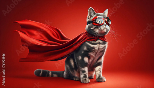 A grey tabby cat wearing red goggles and superhero cape against matching background.