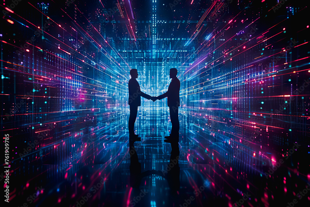 Handshake between business people and futuristic technology background - obrazy, fototapety, plakaty 