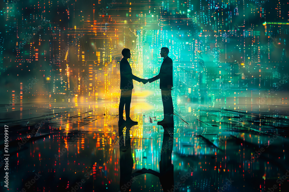 Handshake between business people and futuristic technology background