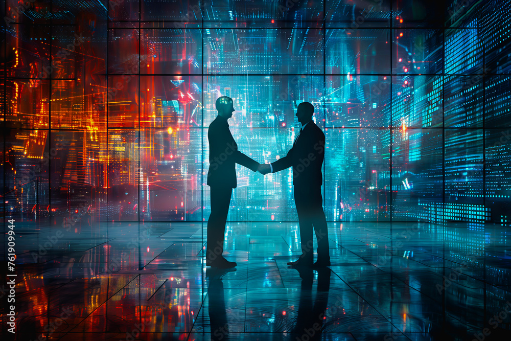 Handshake between business people and futuristic technology background