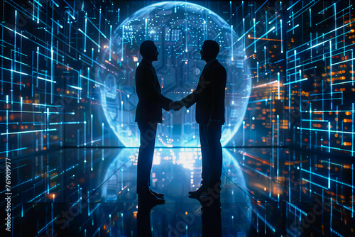 Handshake between business people and futuristic technology background