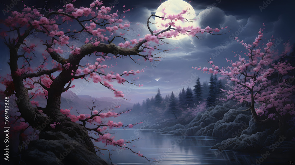 A full moon night with falling cherry blossoms - obrazy, fototapety, plakaty 