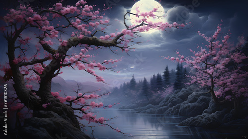 A full moon night with falling cherry blossoms photo