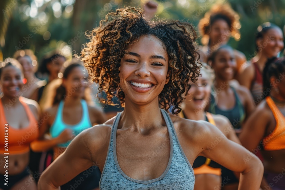 Happiness lively group of woman individuals exercising, their enthusiasm evident, showcasing the fun and social.
