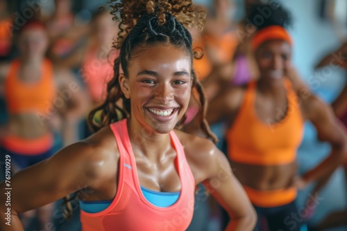 Happiness lively group of woman individuals exercising, their enthusiasm evident, showcasing the fun and social.