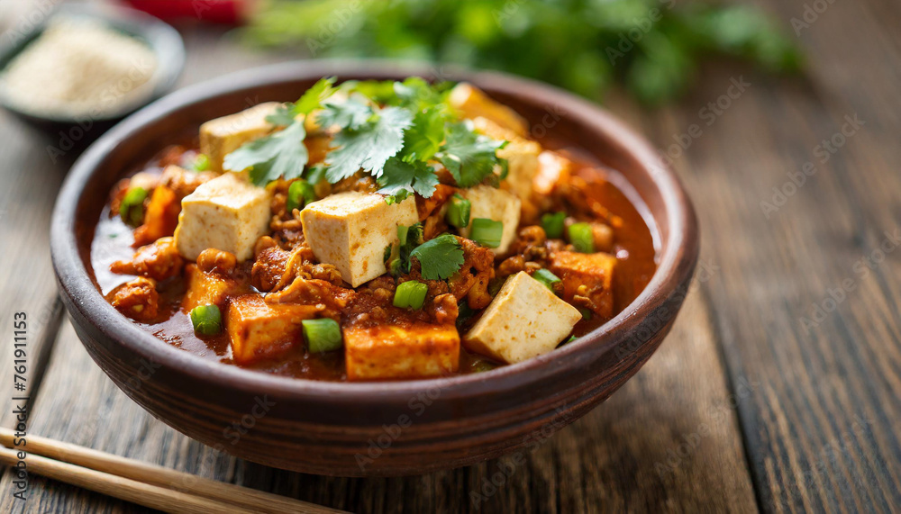 Mapo tofu in bowl on wooden table, symbolizing delicious Asian cuisine, spicy comfort food, cultural fusion. Copy space available Mapo tofu in bowl on wooden table, symbolizing delicious Asian cuisine, spicy comfort food, cultural fusion. Copy space available