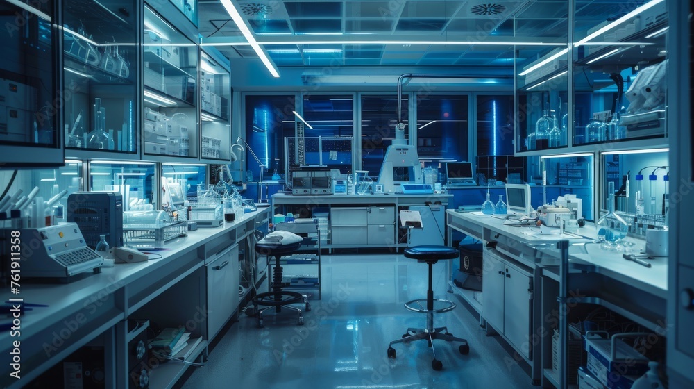 An advanced laboratory filled with high-tech gadgets and futuristic equipment, reflecting a sterile and precise environment.