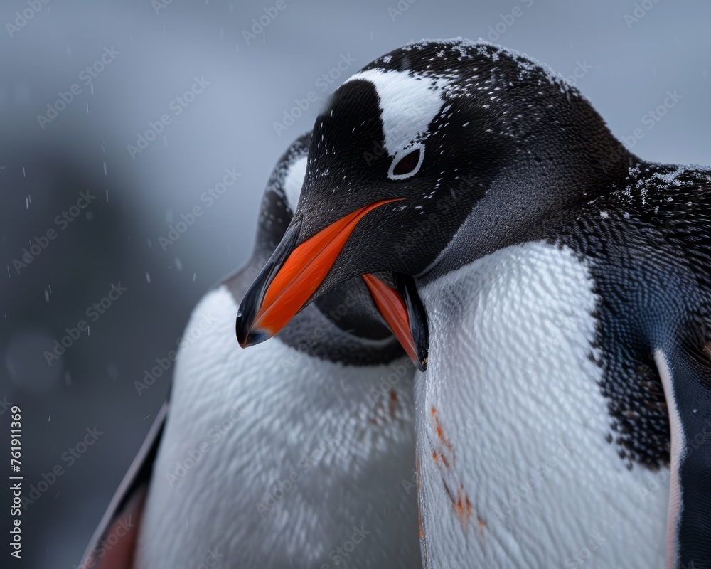 Naklejka premium Close-up of a gentle and intimate moment between two gentoo penguins under a soft snowfall, highlighting their natural habitat.