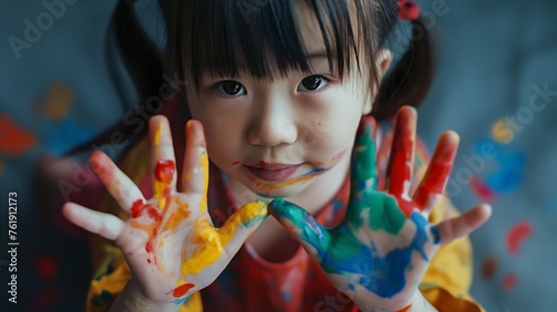 Portrait of a funny Asian girl shows hands dirty with paint.