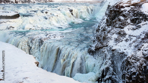 Iceland's three-stage Gullfoss Waterfall in winter
