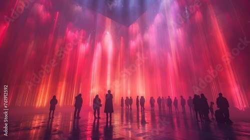 A group of people stand in awe as beams of light and sound intersect and create a captivating visual symphony.