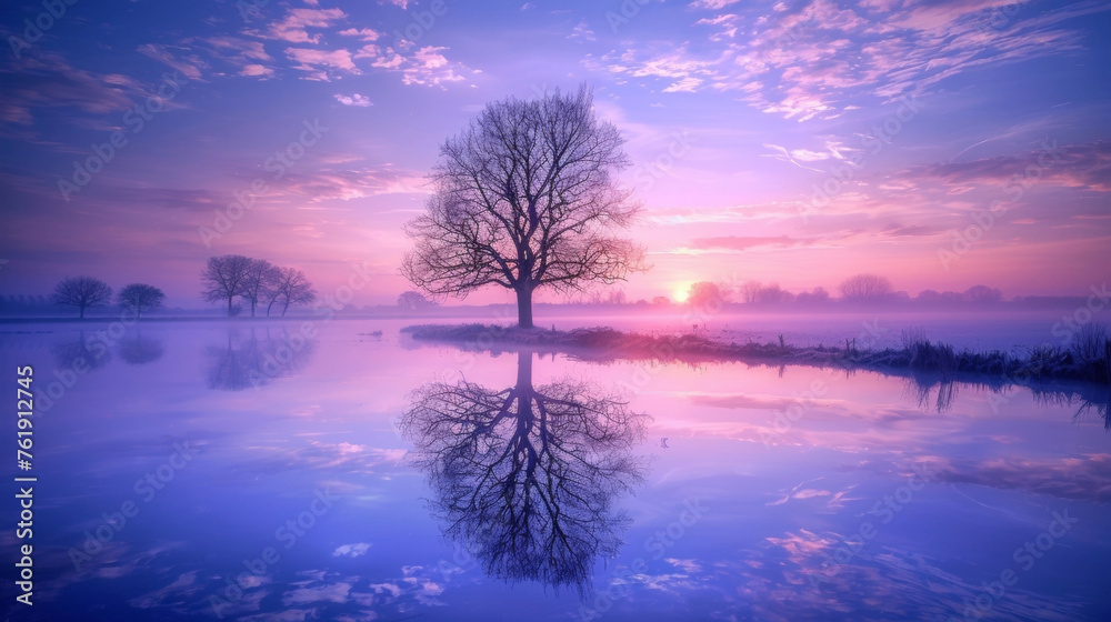 A sunrise over a tranquil lake its surface mirroring the soft blues pinks and purples of the sky. The image symbolizes a new beginning and the awakening of the body and mind A sunrise over a tranquil lake its surface mirroring the soft blues pinks and purples of the sky. The image symbolizes a new beginning and the awakening of the body and mind
