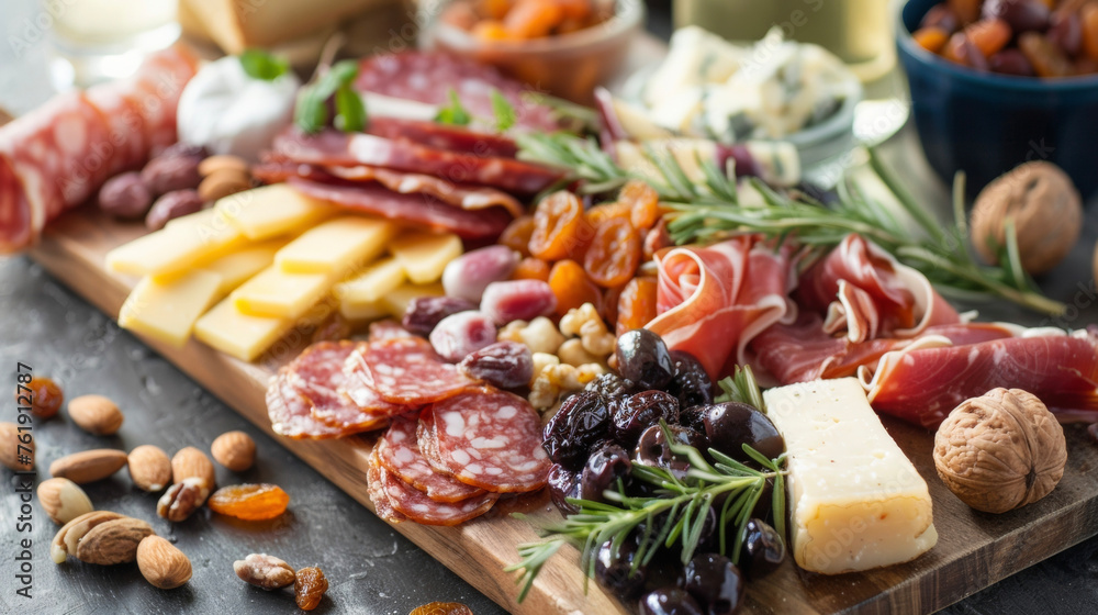 A rustic charerie board features an assortment of meats cheeses nuts and dried fruits perfect for a winter picnic. A rustic charerie board features an assortment of meats cheeses nuts and dried fruits perfect for a winter picnic.