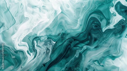 Abstract Liquid Ink Swirling in Teal and White, Mesmerizing Fluid Art Background Wallpaper