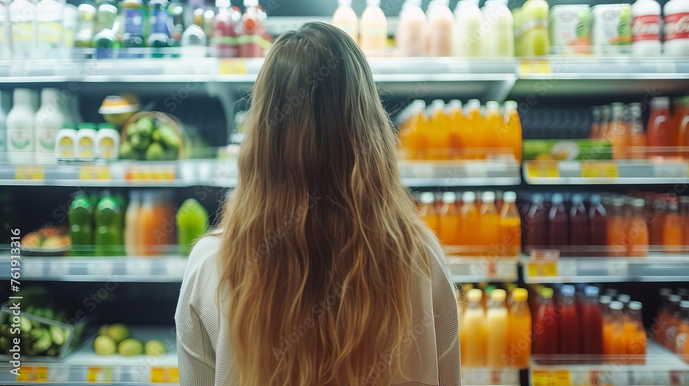 Back View of Young Woman Looking at Juice Bottle in Grocery Store, Healthy Shopping Concept