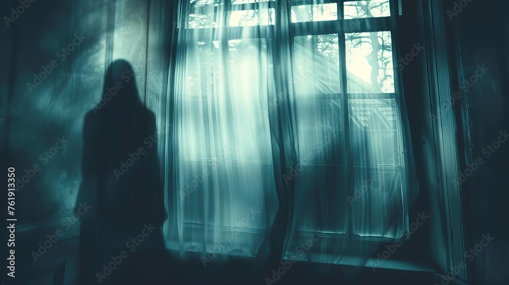 Blurred Ghost Silhouette in Bedroom Window on Halloween Night, Horror Concept Illustration