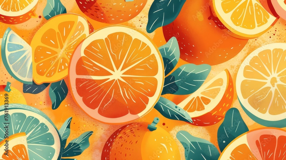 Bright orange themed illustration with citrus elements, ideal for fresh summer designs and marketing materials - obrazy, fototapety, plakaty 