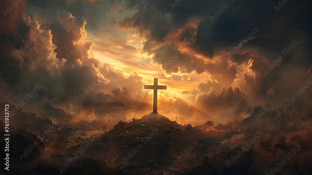 Holy cross symbolizing the death and resurrection of Jesus Christ with the sky over Golgotha hill shrouded in light and clouds, apocalypse concept. - obrazy, fototapety, plakaty 