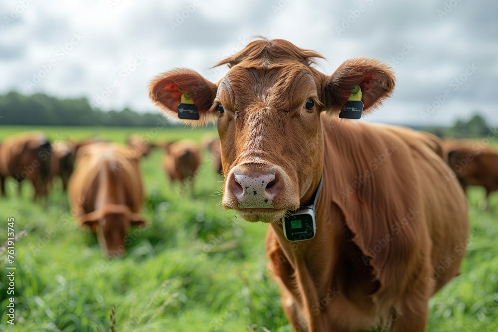 Livestock with IoT wearables grazing in a field, monitored remotely for health and activity, ensuring timely care and management.