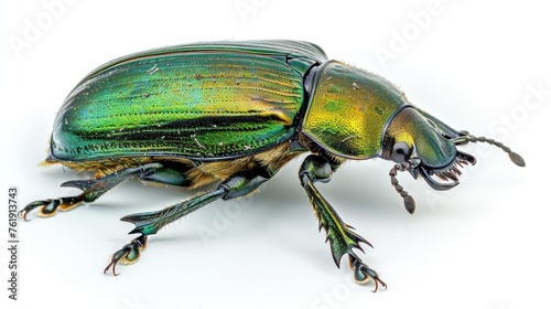 Green June beetle on a white background, showcasing the detailed textures and colors of this fascinating insect.