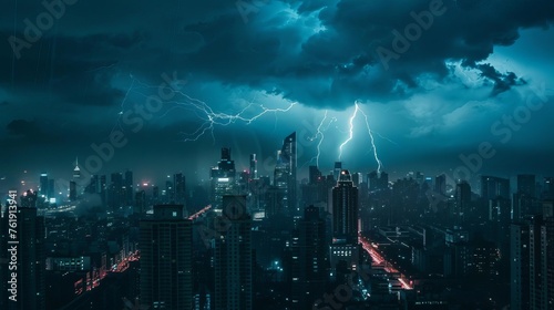 Lightning illuminating the dark city night sky with dramatic and powerful energy