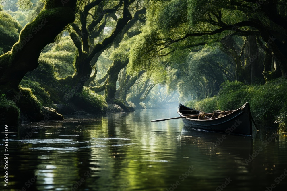A boat drifts on a serene river amidst a forest of towering trees
