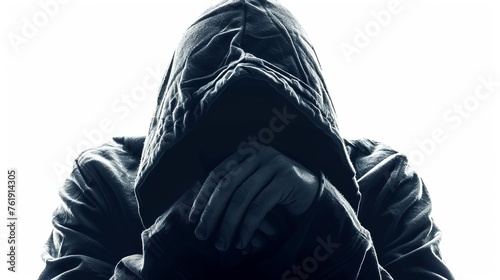 Ominous hacker isolated on a white background, symbolizing cyber security threats and digital crime, conceptual photography