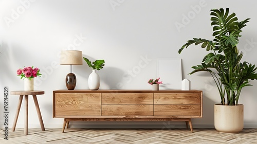 Interior mock up living room. cabinet for TV or place object in modern living room with lamp,table,flower and plant © irawan