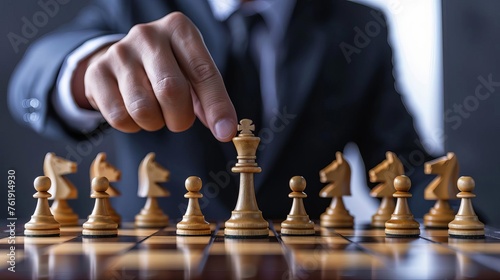 Strategic chess move by businessman on chessboard representing business strategy and competition