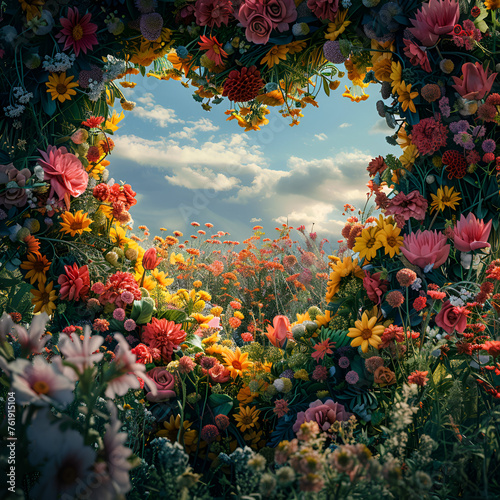 Heart-shaped wreath bedecked with vibrant flowers frames an elegant slate backdrop. © abuhurarah